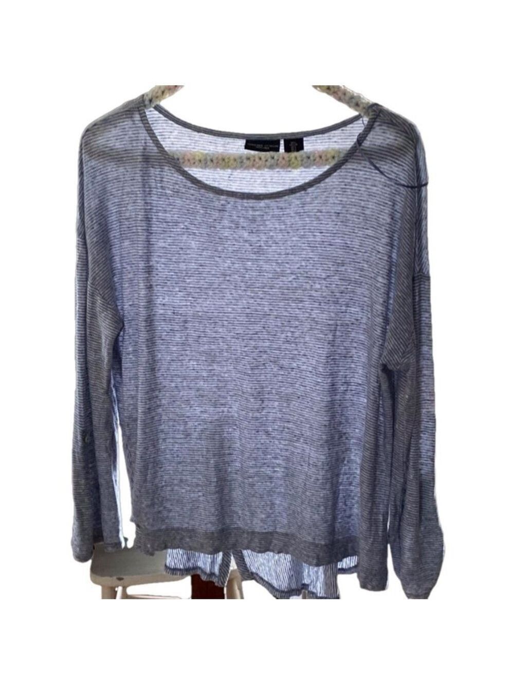 Adrienne Vittadini Top 100% Linen Pullover Round Neckline Blue/White Striped Lg